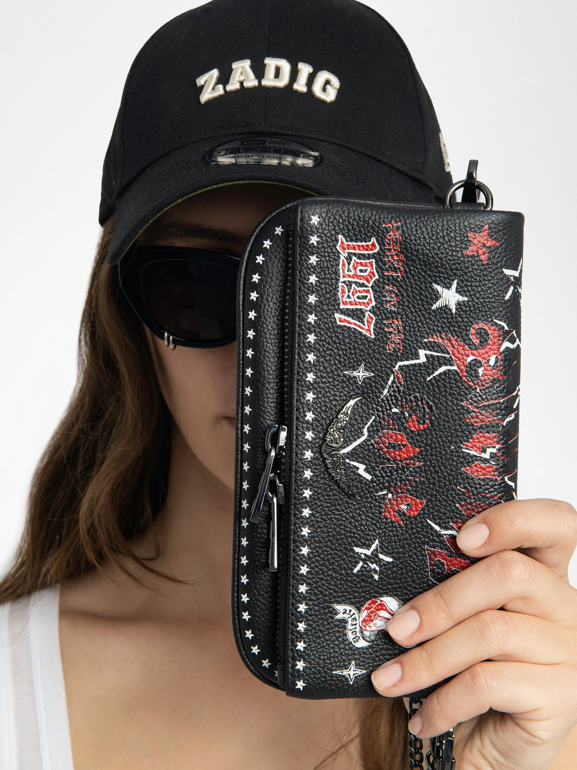 Rock Nano Punk Clutch - Punk grained leather clutch with double leather and metal chains and rhinestone-embellished wings.